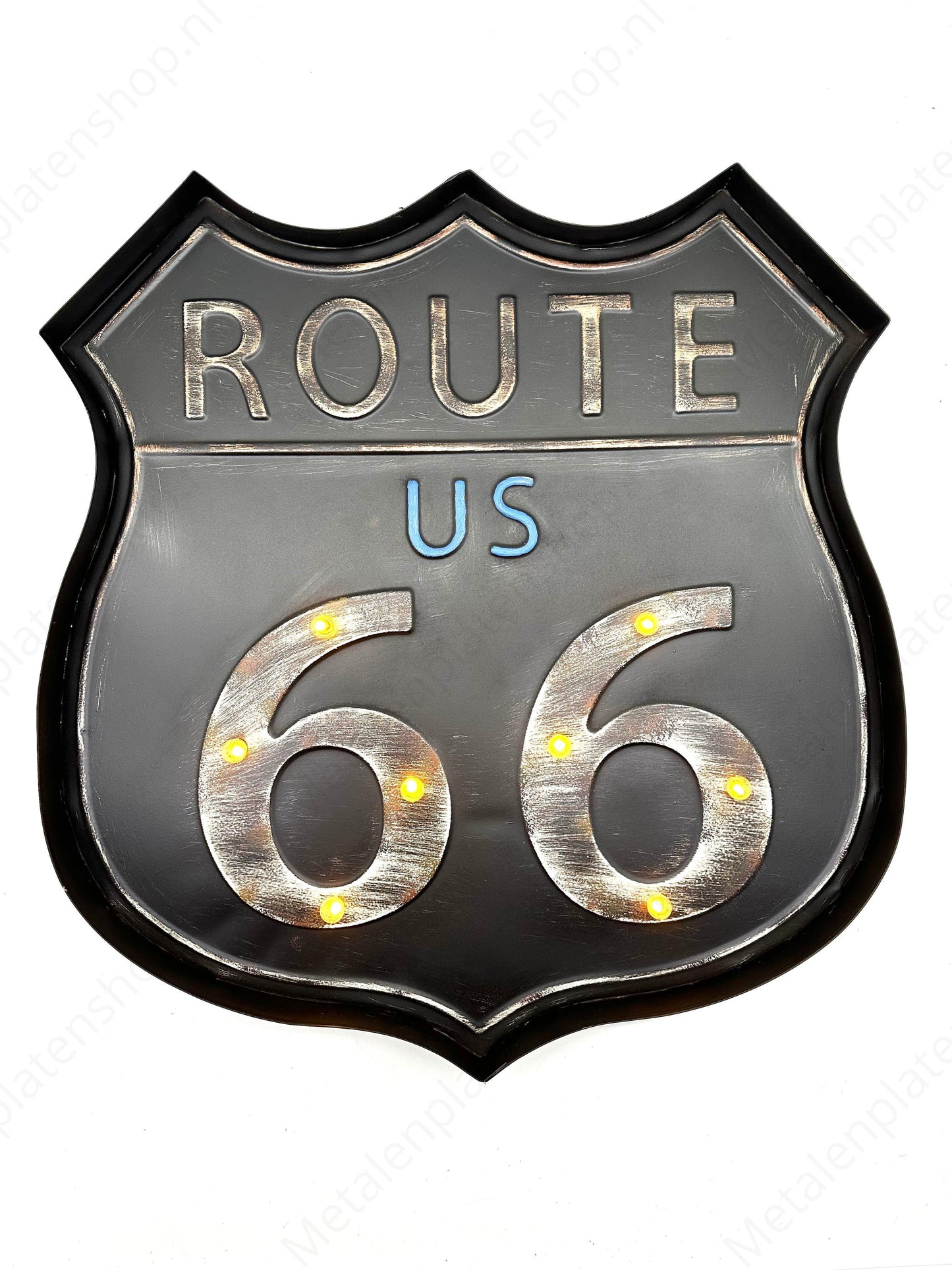 Metalen Lichtbord - Route 66 Zwart - LED verlichting