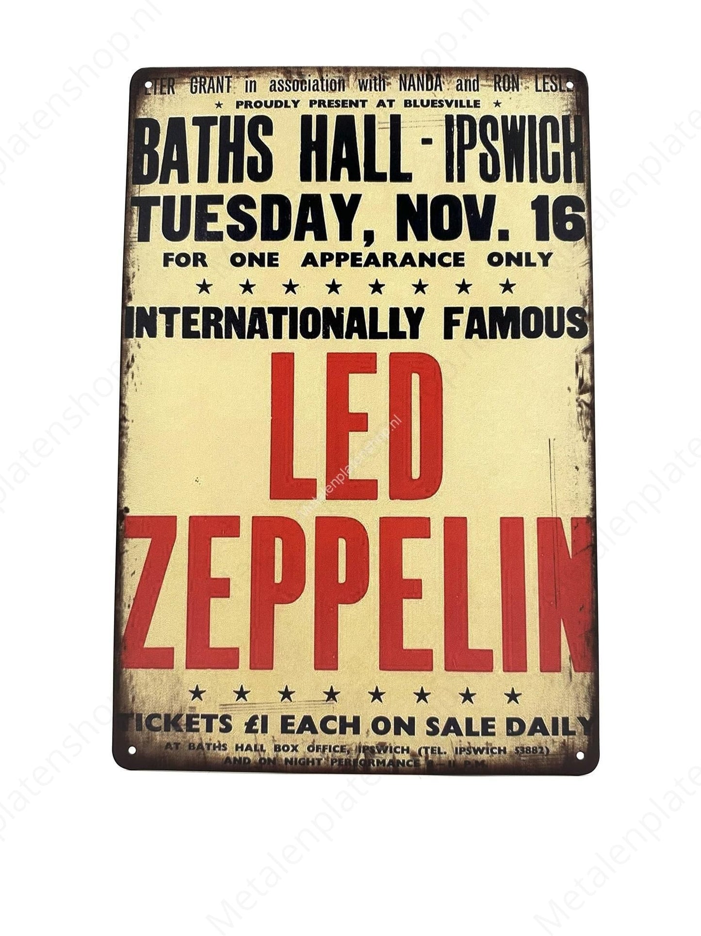 LED Zeppelin - Baths Hall - Ipswich - Muziek - Metalen Wandbord