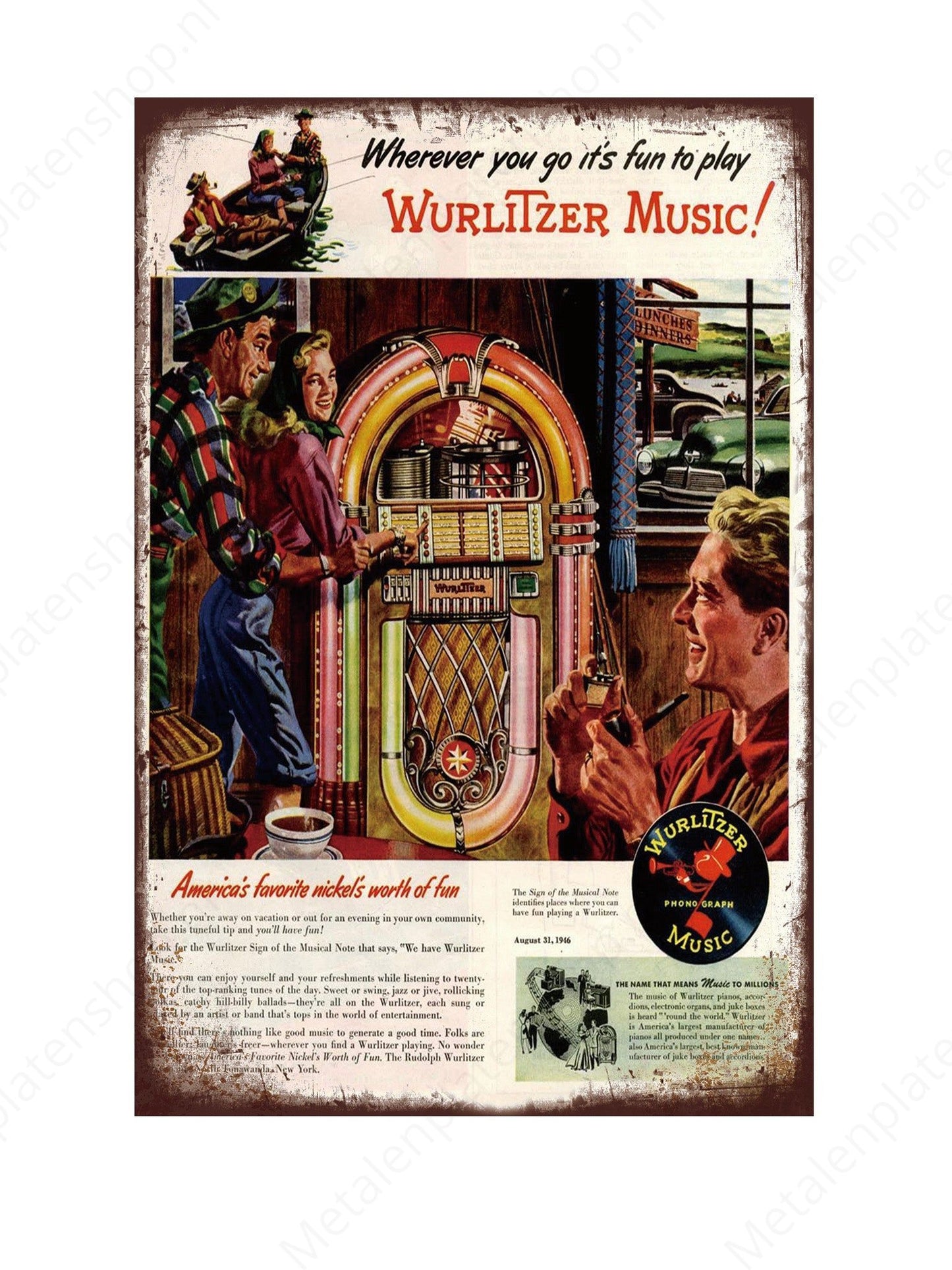 Wurlitzer Music - Wherever you go it's fun to play - Metalen Wandbord