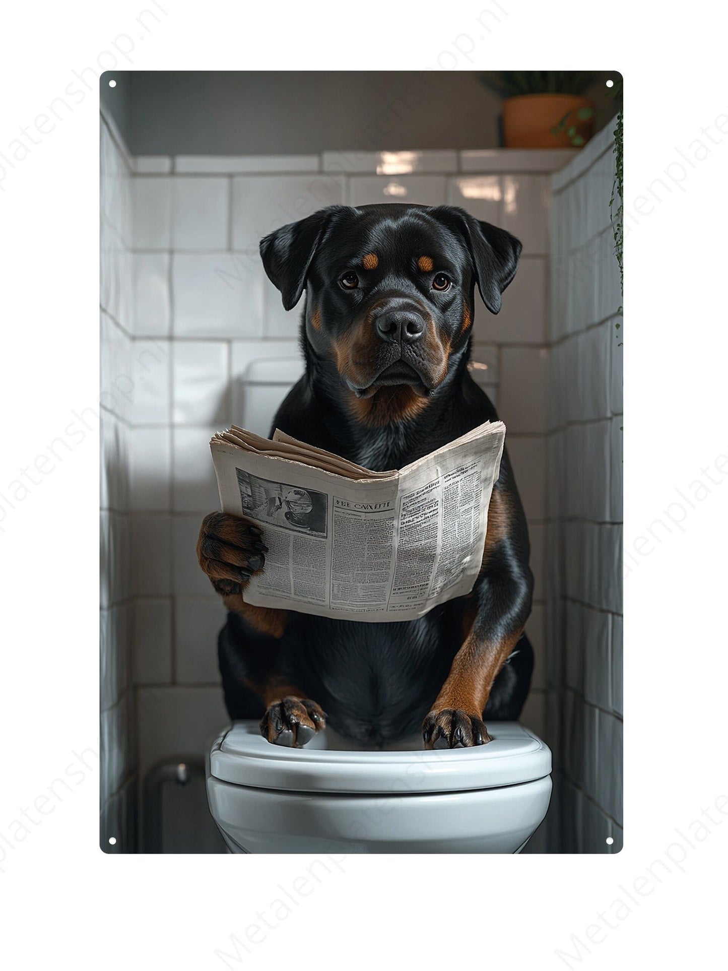Rottweiler op de WC met een krant - Metalen Wandbord