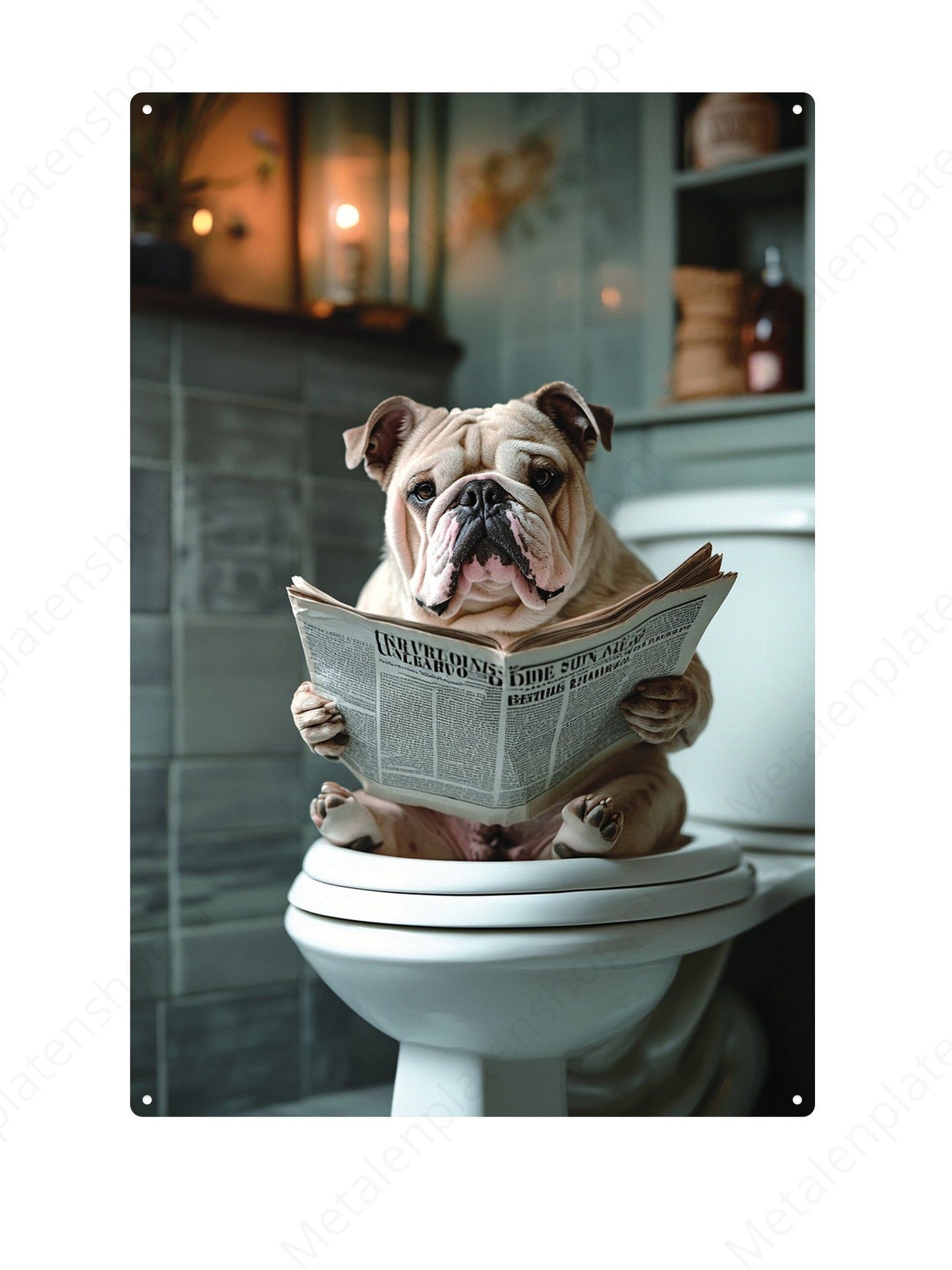 Engelse bulldog op de WC met een krant - Metalen Wandbord