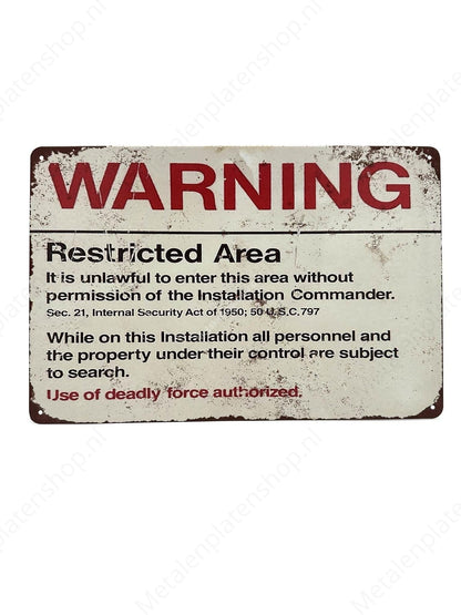 Warning Restricted Area - Waarschuwing - Metalen Wandbord