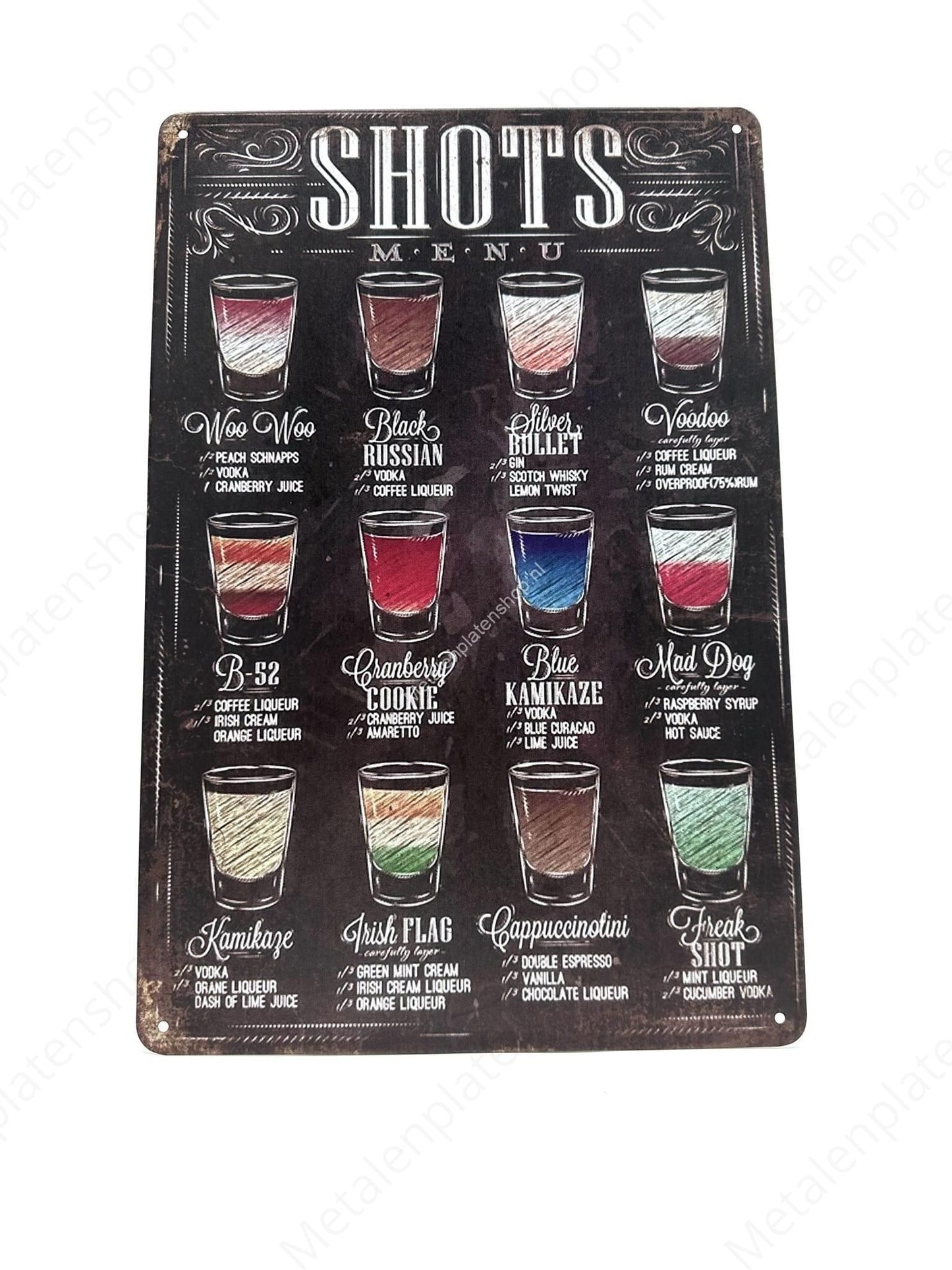 Shots Menu - Metalen Wandbord