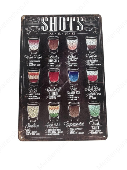 Shots Menu - Metalen Wandbord