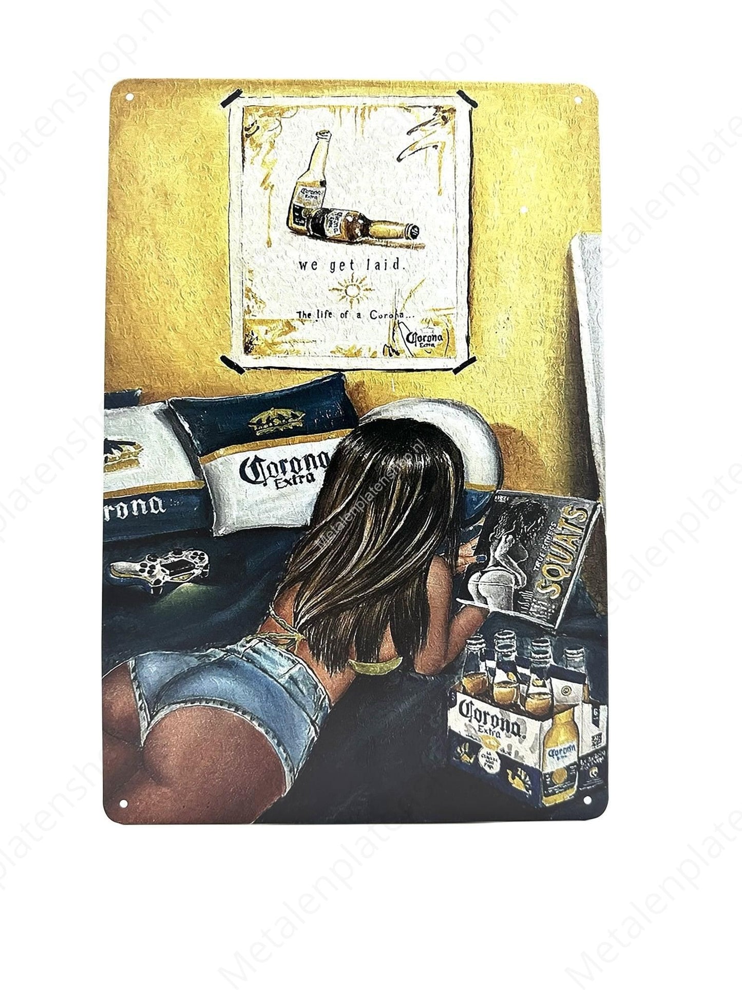 Corona met Vrouw - Bier - Metalen Wandbord