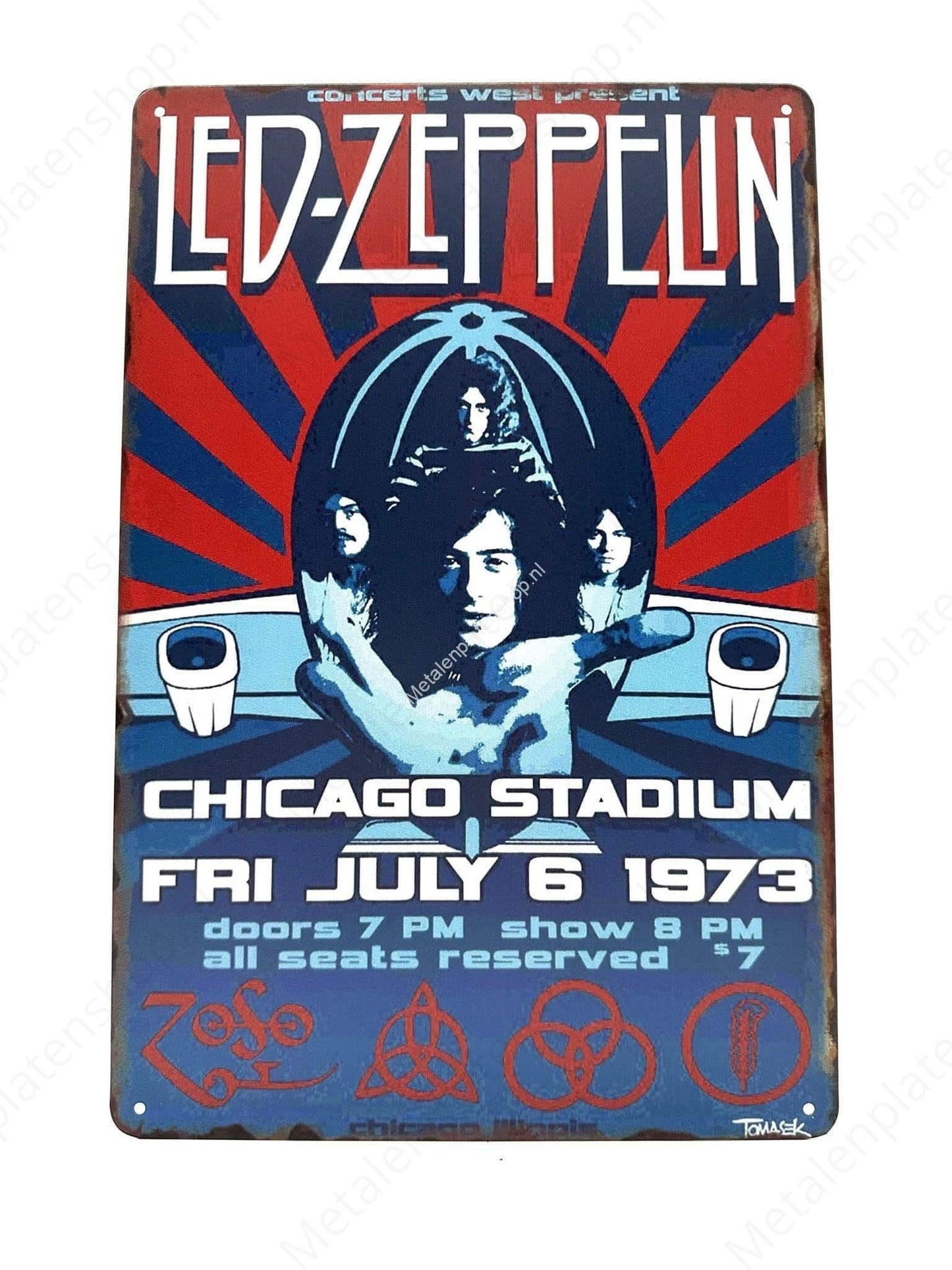 Led-Zeppelin - Chicago Stadium - 6 Juli 1973 - Poster - Metalen Wandbord
