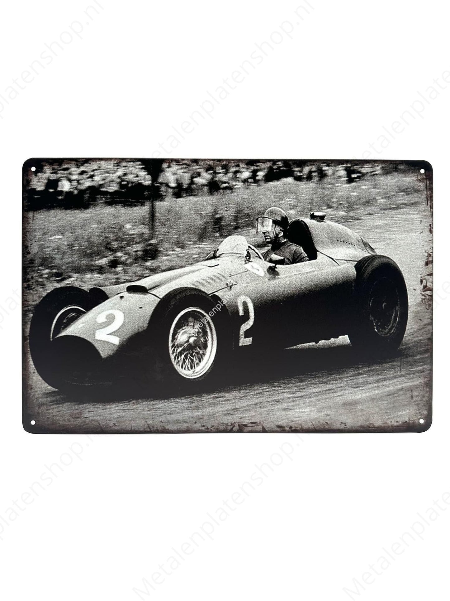 Formule Vintage Racewagen - Zwart/Wit - Metalen Wandbord