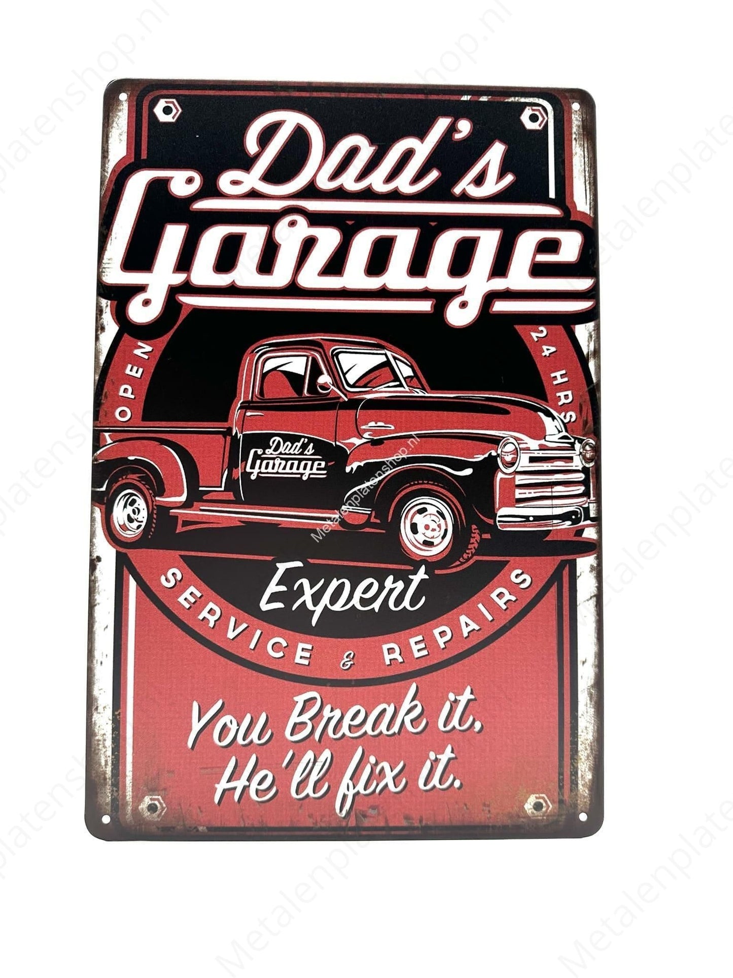 Dad's Garage – Experte – Du machst es kaputt, er repariert es – Metall-Wandschild