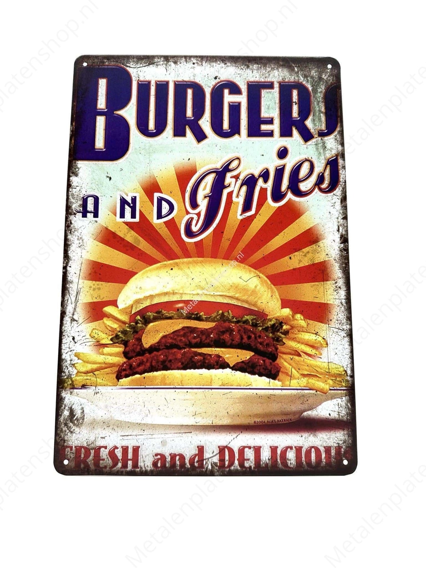 Burger and Fries - Fresh and Delicious - Metal Wall Sign