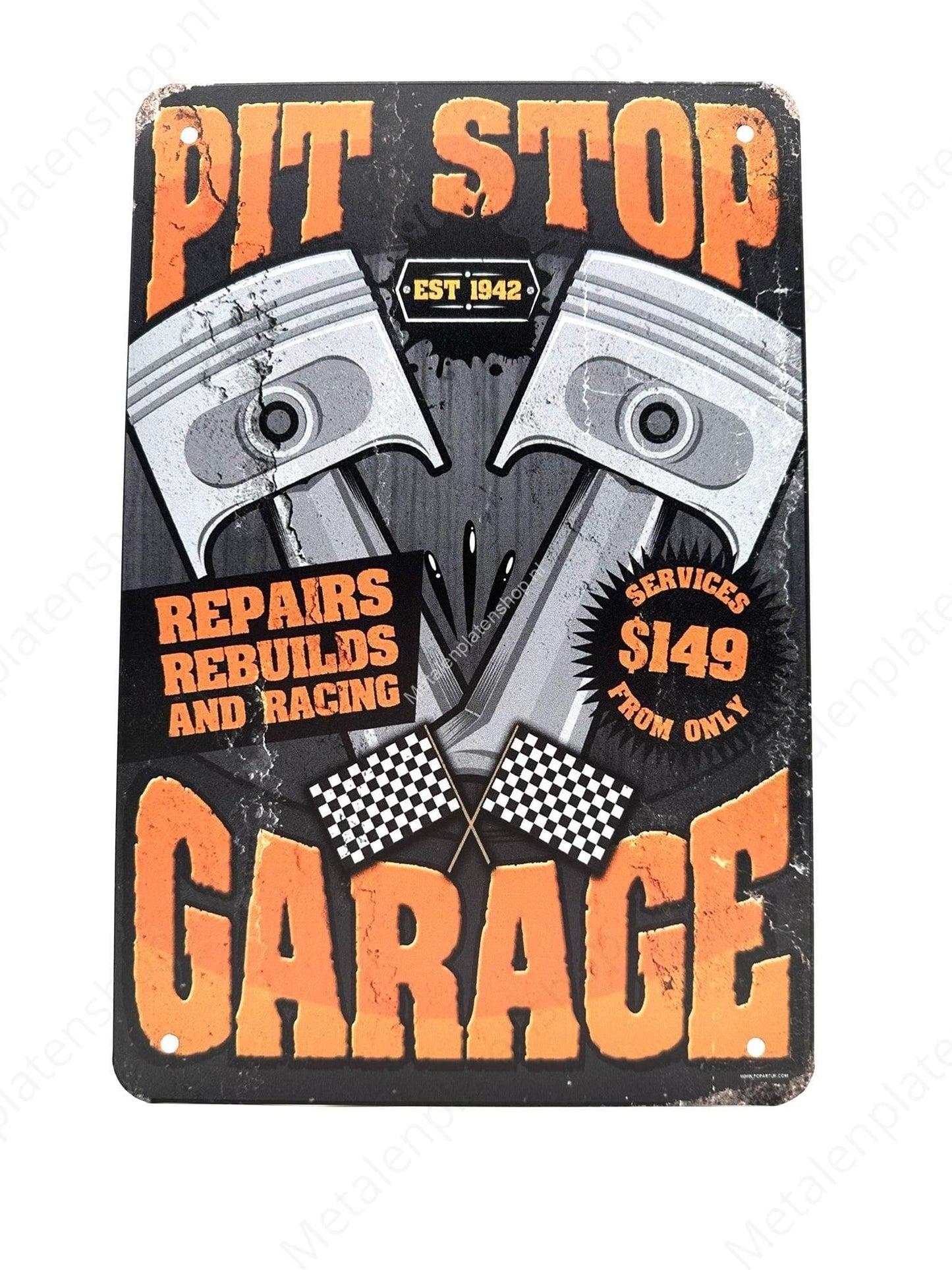 PIT Stop – Gegr. 1942 - Garage - Metallwandschild