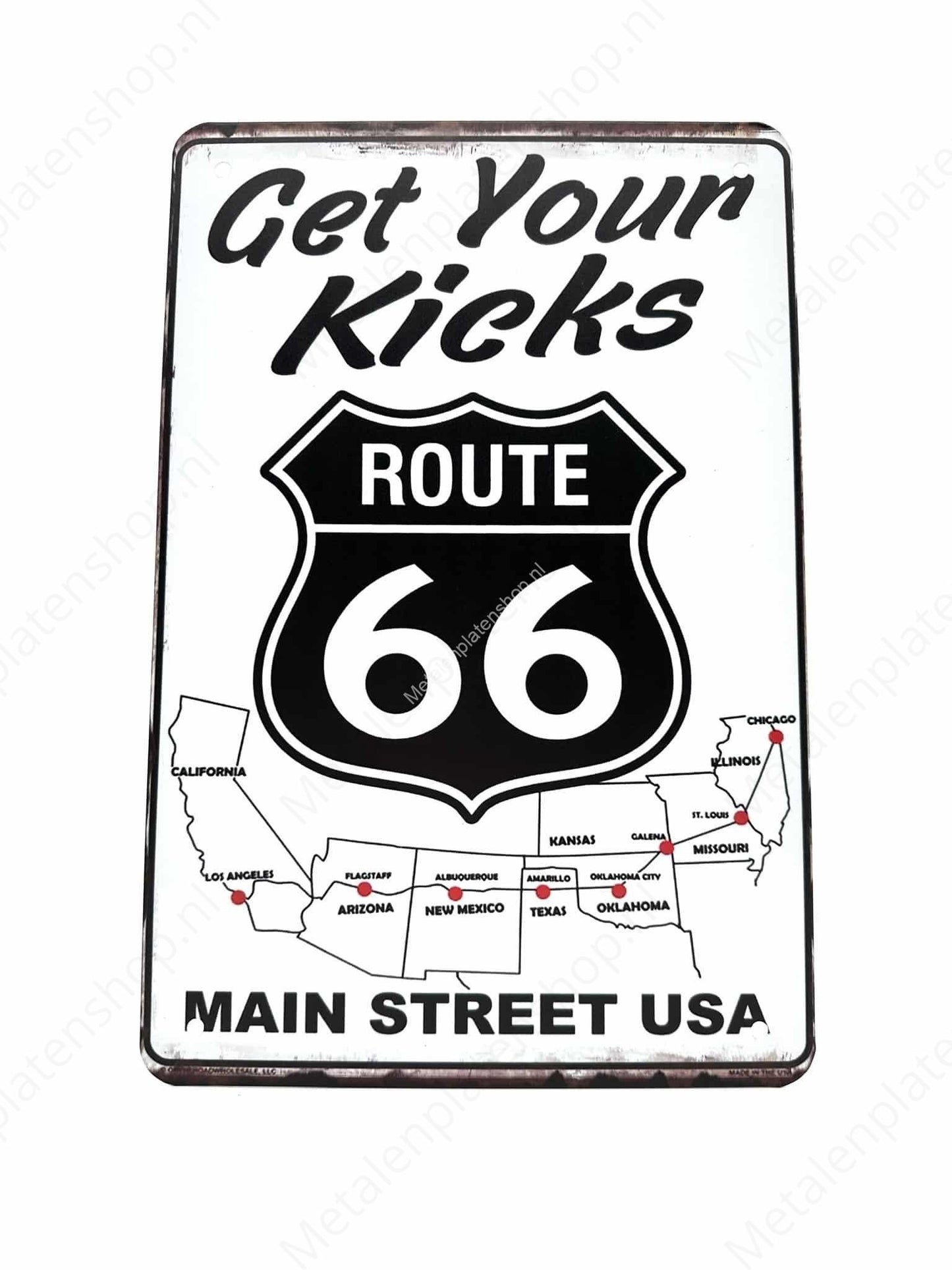 Get Your Kicks on Route 66 - Main Street USA - Metalen Wandbord