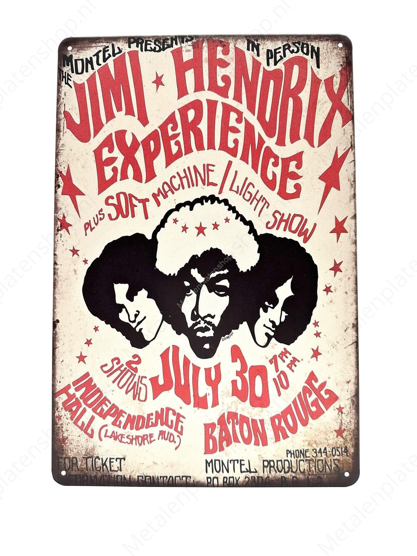 Jimi Hendrix - Experience - July 30 - Metalen Wandbord