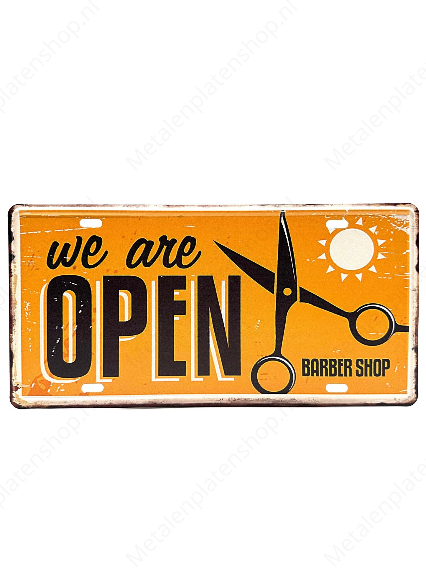 Kentekenplaat - We are open Barber Shop - 30x15cm - Metalen Wandbord