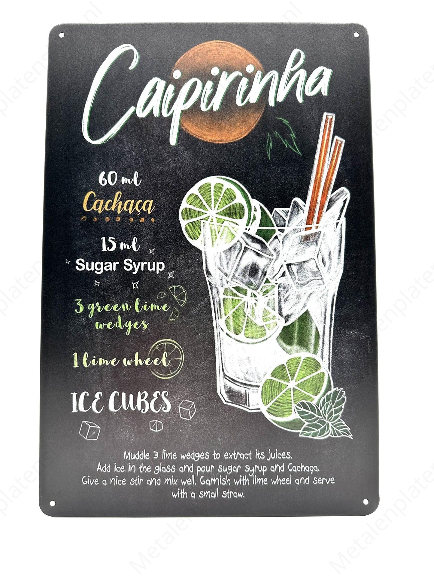 Krijtbord - Cocktail - Caipirinha - Metalen Wandbord