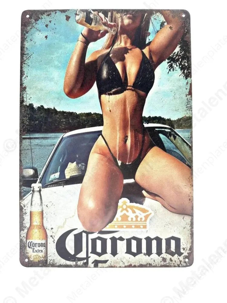 Corona Extra - Vrouw op auto - Metalen Wandbord Metaalbord