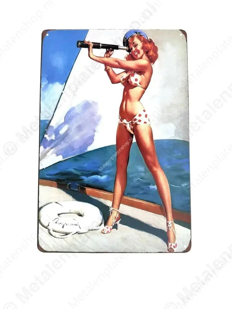 Vrouw met verrekijker op zeilboot - Metalen Wandbord Metaalbord
