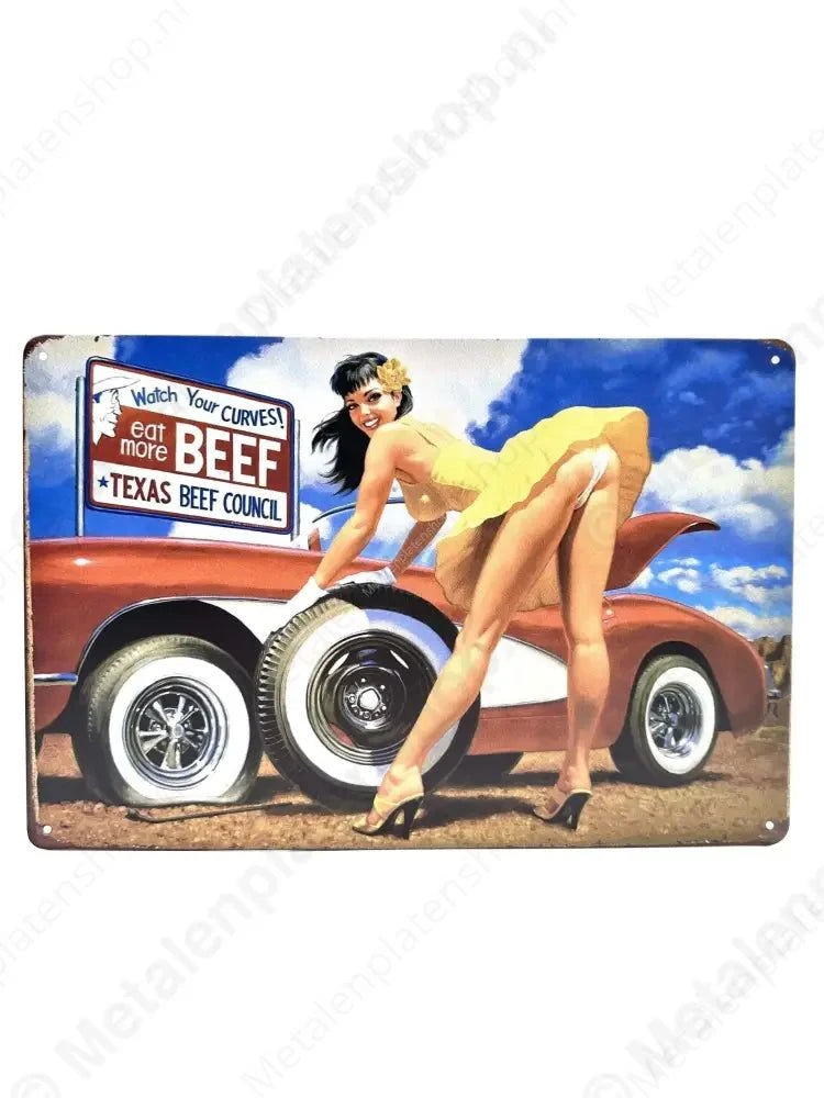 Watch your Curves - Eat more Beef - Metalen Wandbord Metalen Voertuigen